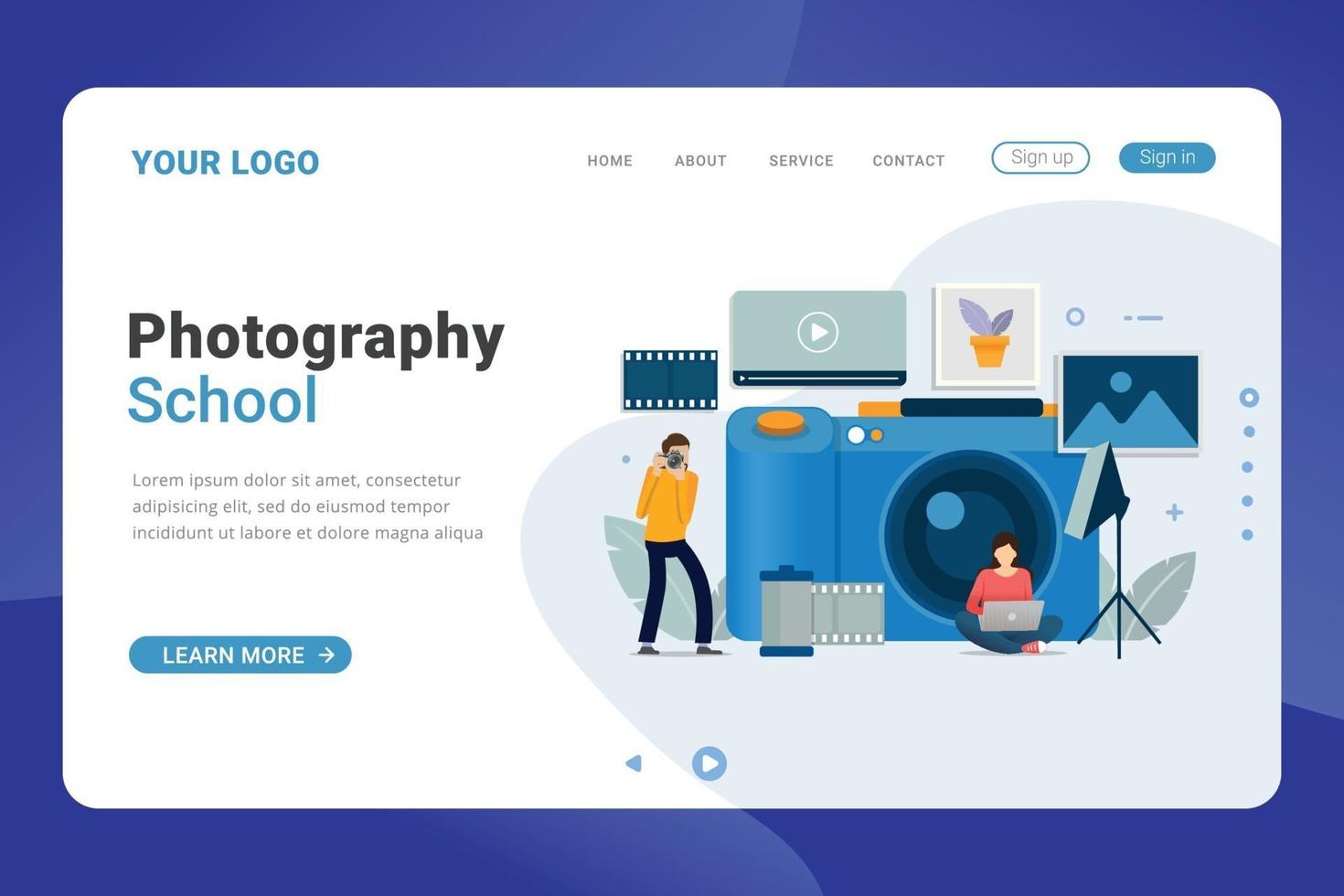 Landing page template photography design concept with big camera vector