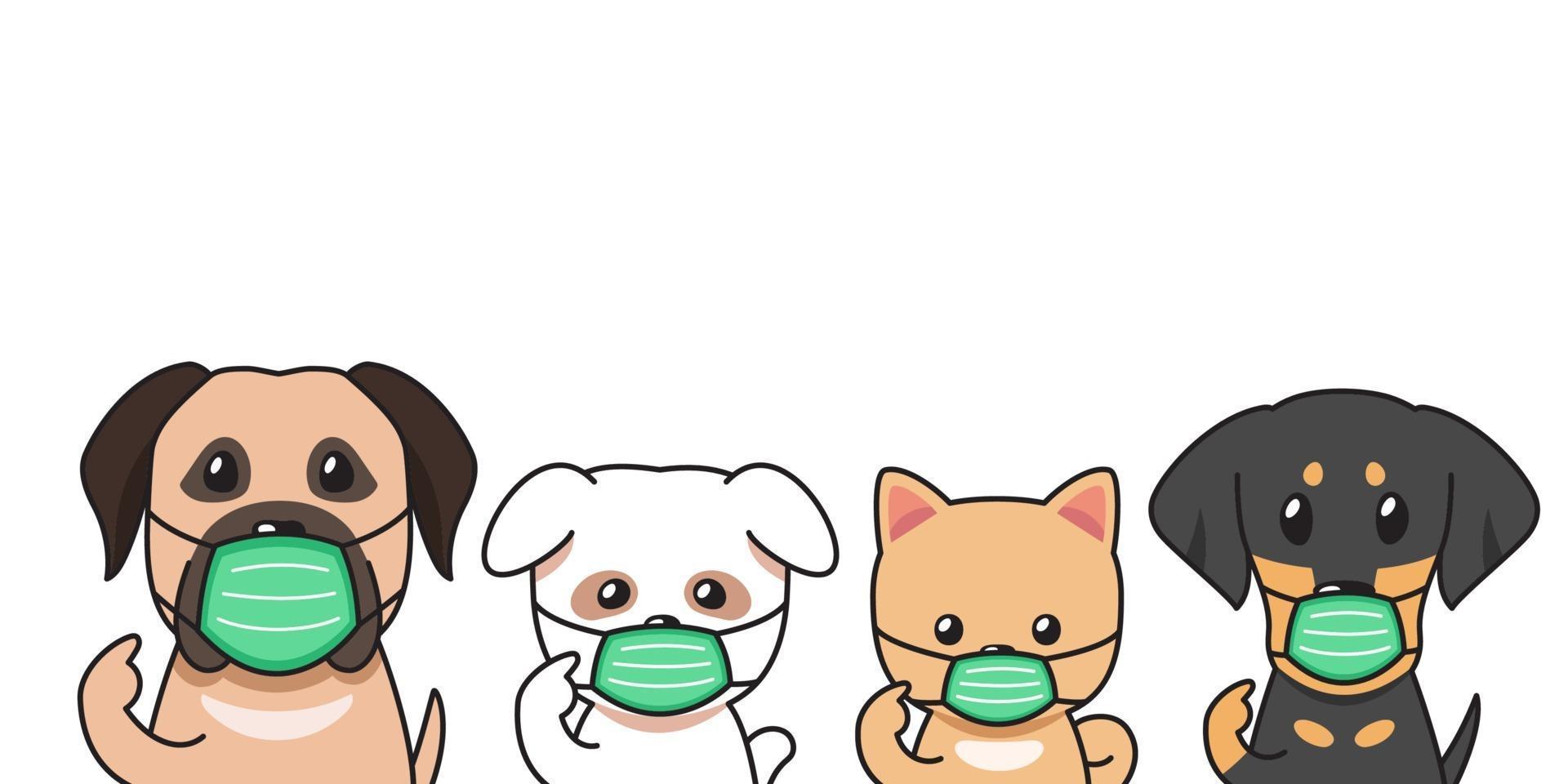 Set of vector cartoon character dogs wearing protective face masks