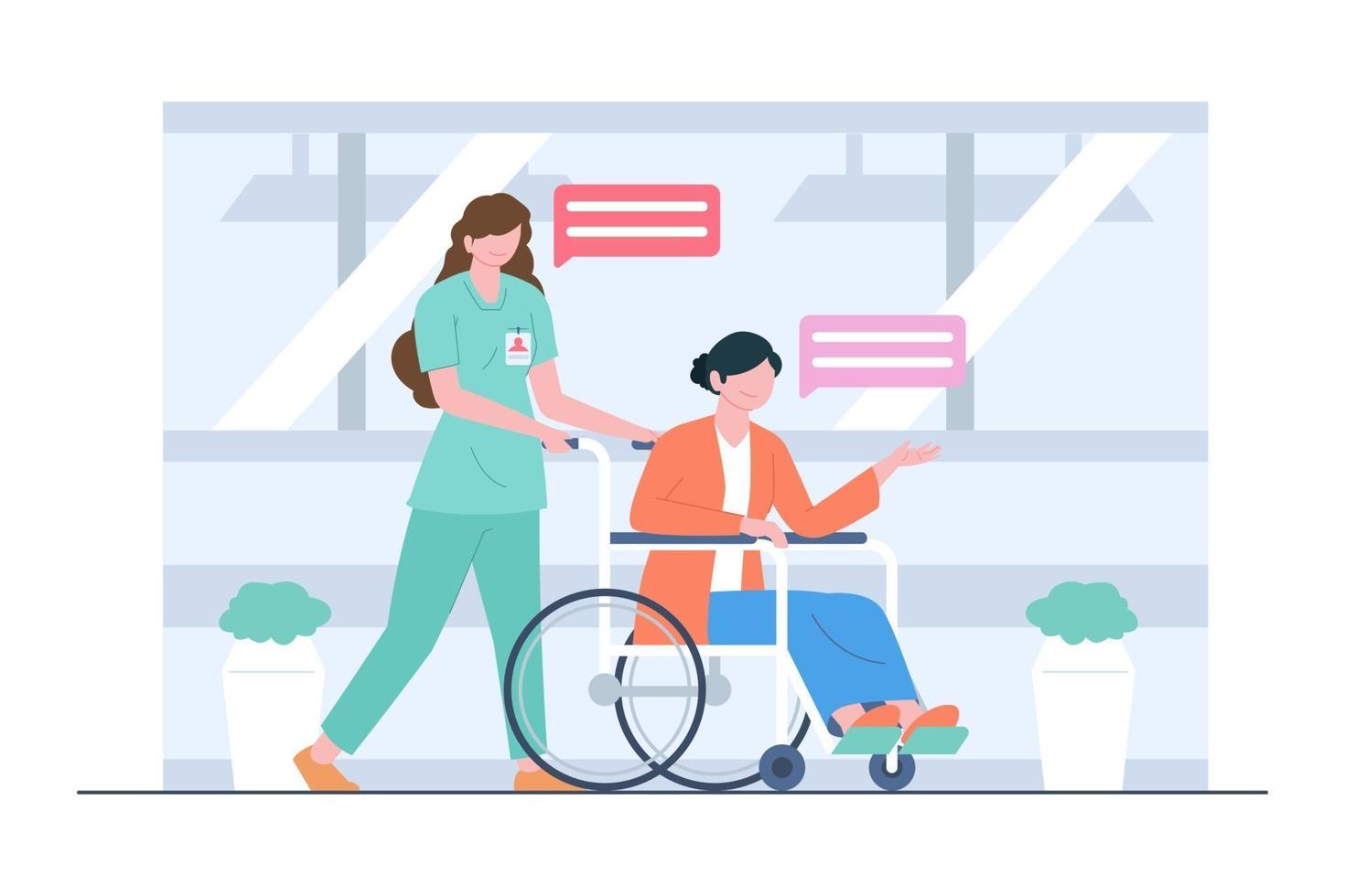 Nurse caring for patient in wheelchair scene illustration vector