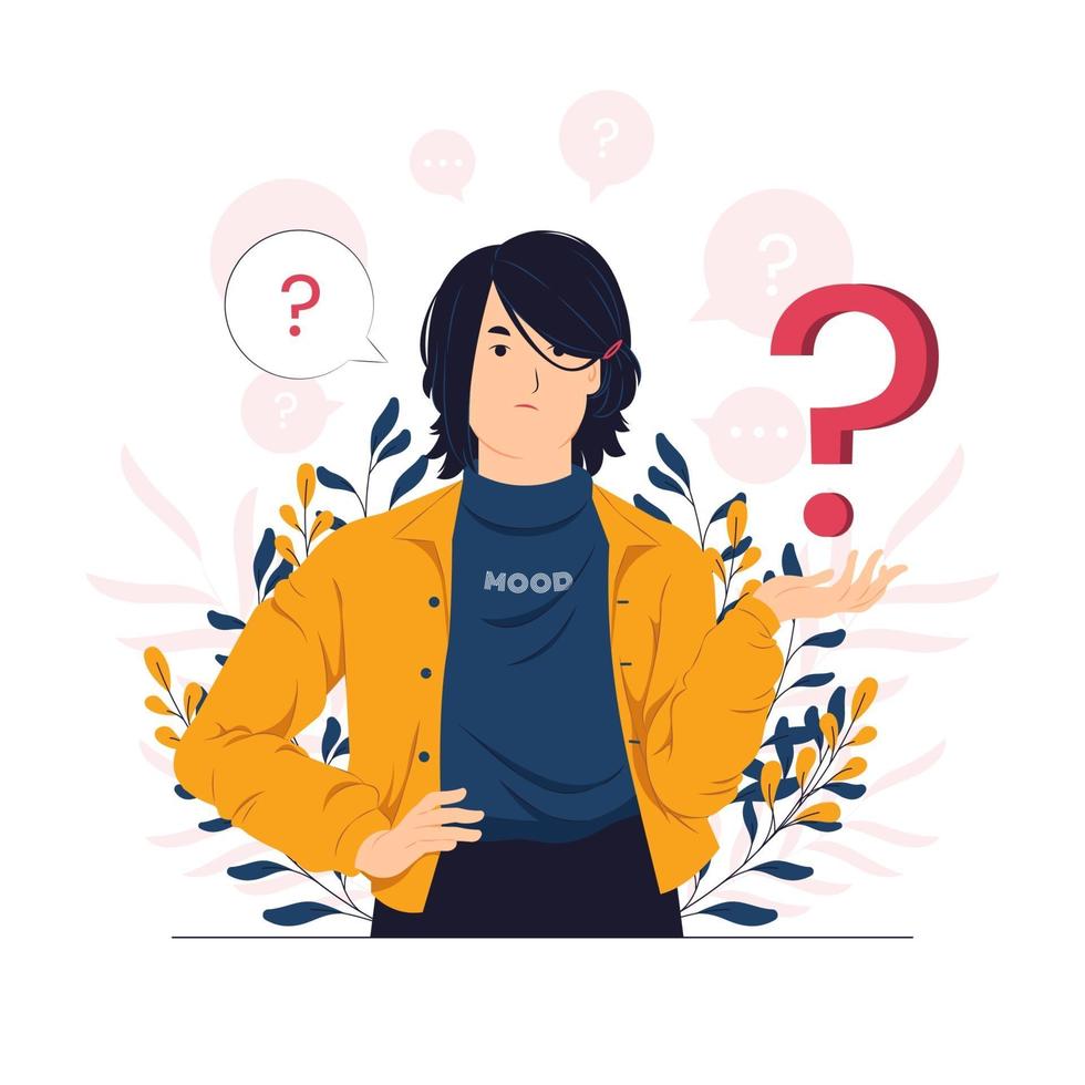 Annoyed, irritated woman with question mark concept illustration vector