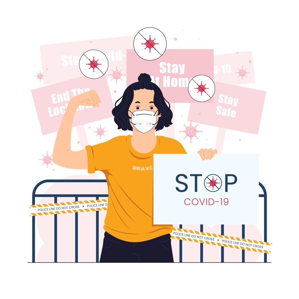 Wearing face mask with stop coronavirus sign concept illustration vector