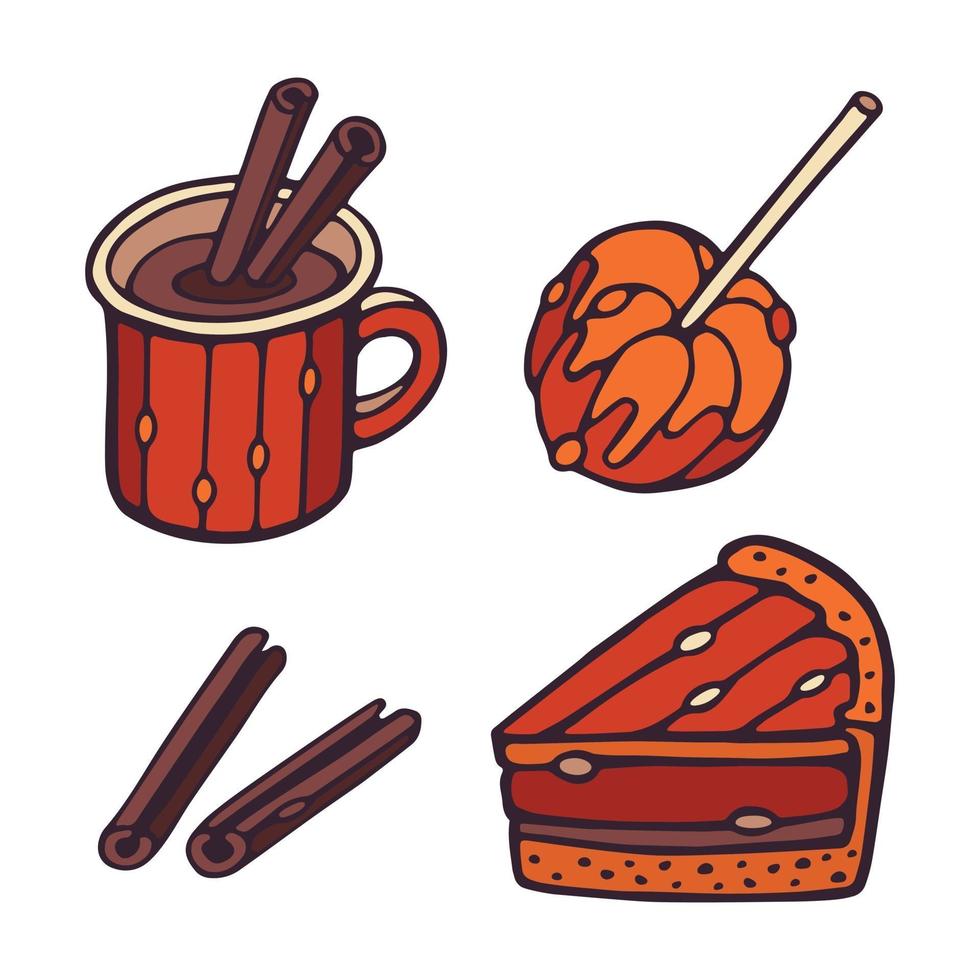 Autumn Vector mug, cinnamon, piece of pumpkin pie, apple with caramel.