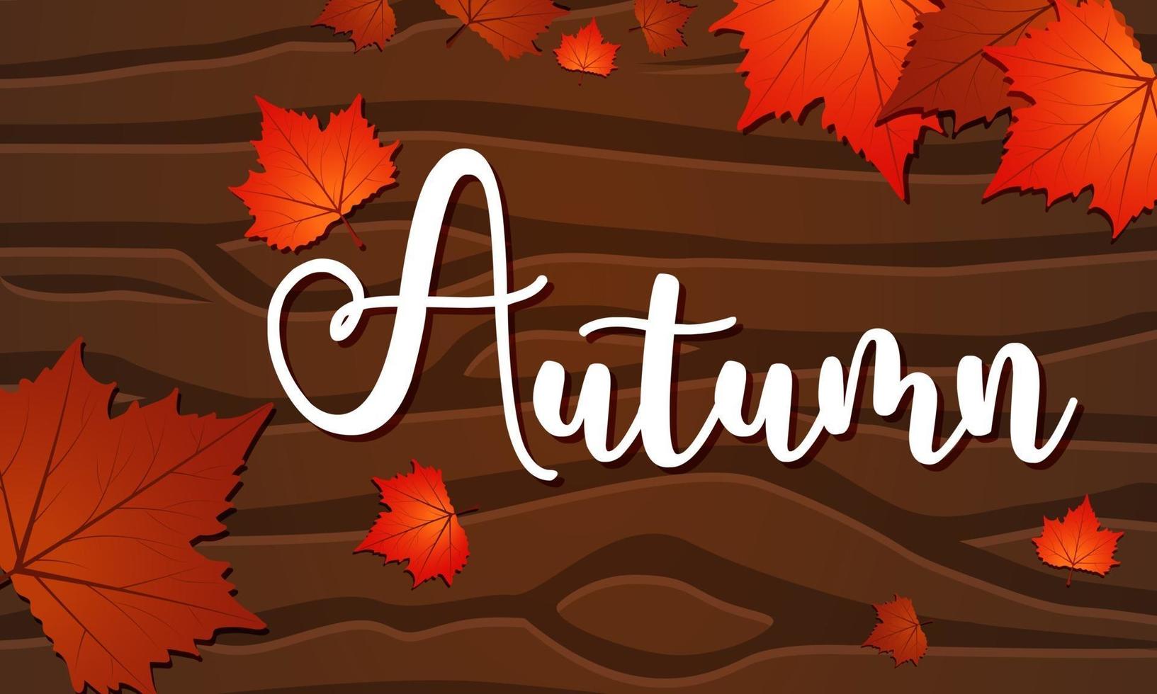 autumn greeting card poster with maple leaves and wood background vector