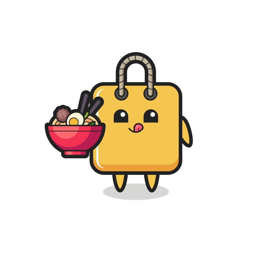 lindo personaje de bolsa de compras comiendo fideos vector