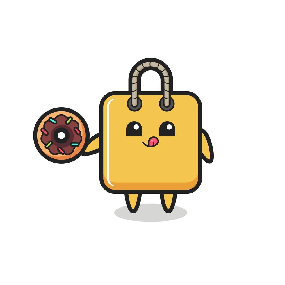 illustration of an shopping bag character eating a doughnut vector