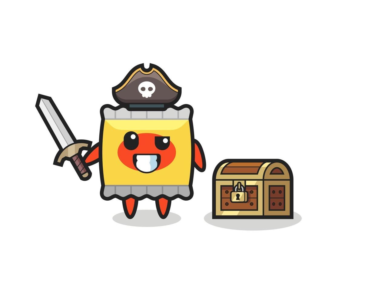 el personaje pirata de la merienda sosteniendo la espada al lado de un cofre del tesoro vector