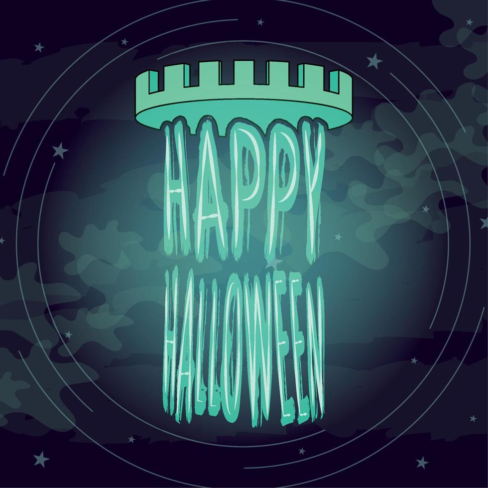 feliz halloween texto en un brillante castillo espeluznante vector