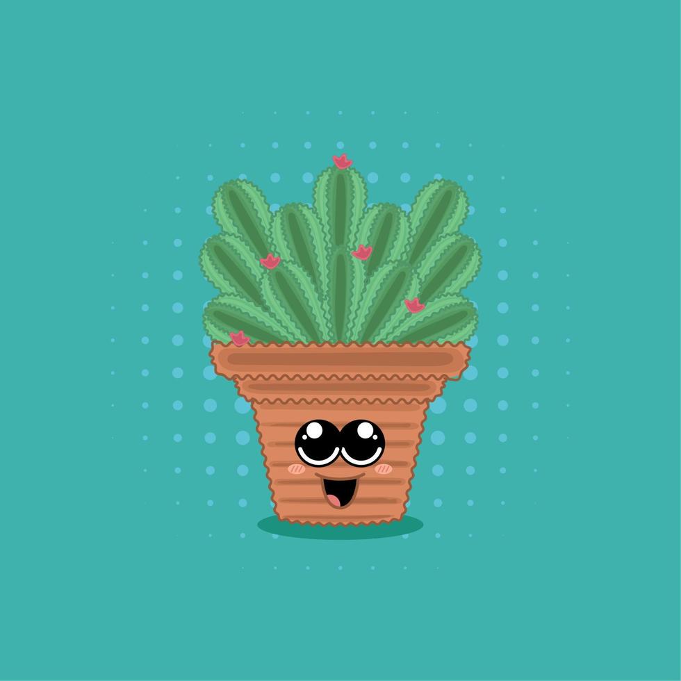 Happy cute cactus with a big smile and flowers Vector
