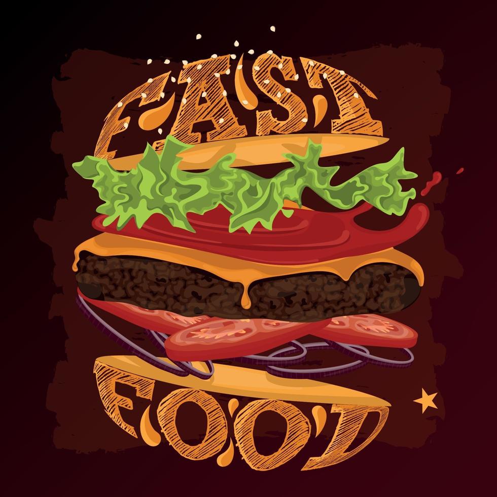 Jumping cheese burger with all its ingredients Fast food poster Vector