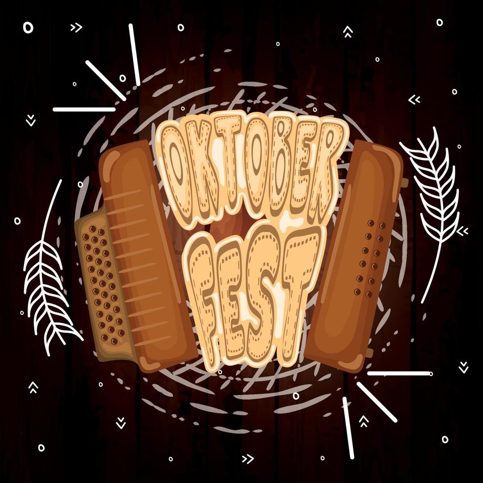 Accordion with text on a wooden background with oktoberfest ornaments vector