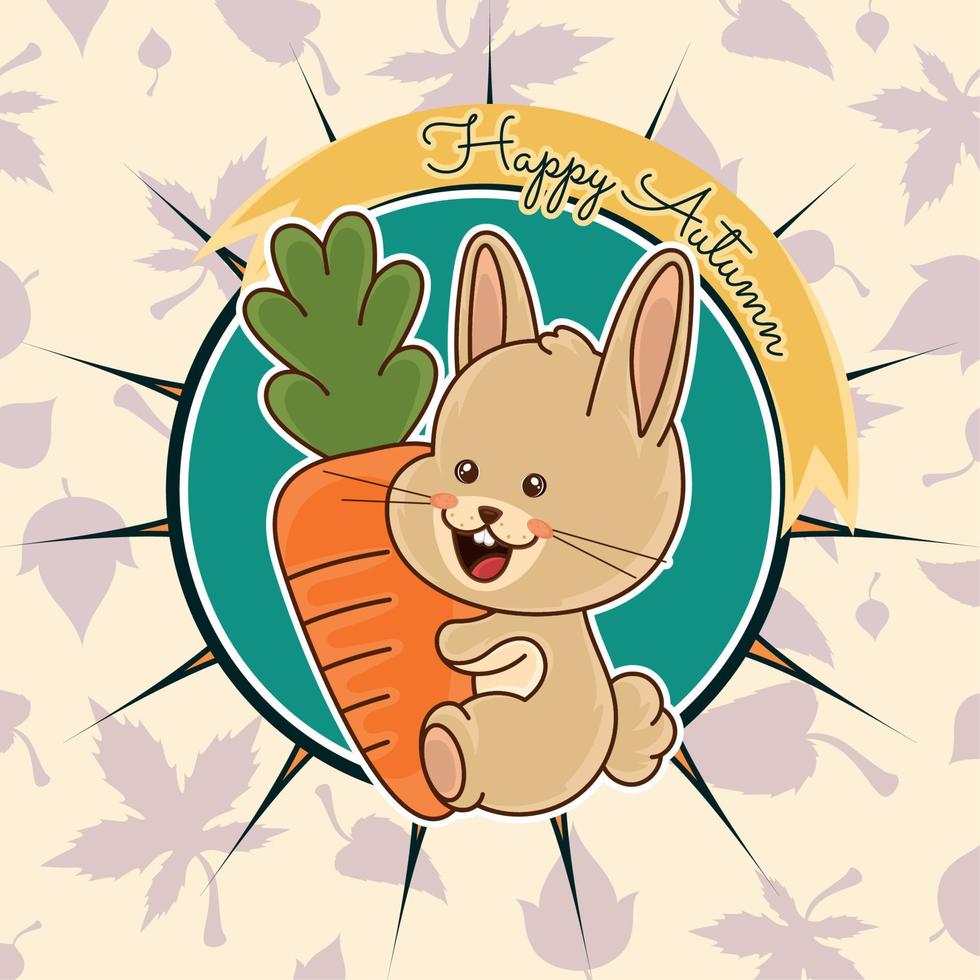 feliz conejo abrazando una zanahoria gigante feliz imagen de otoño vector