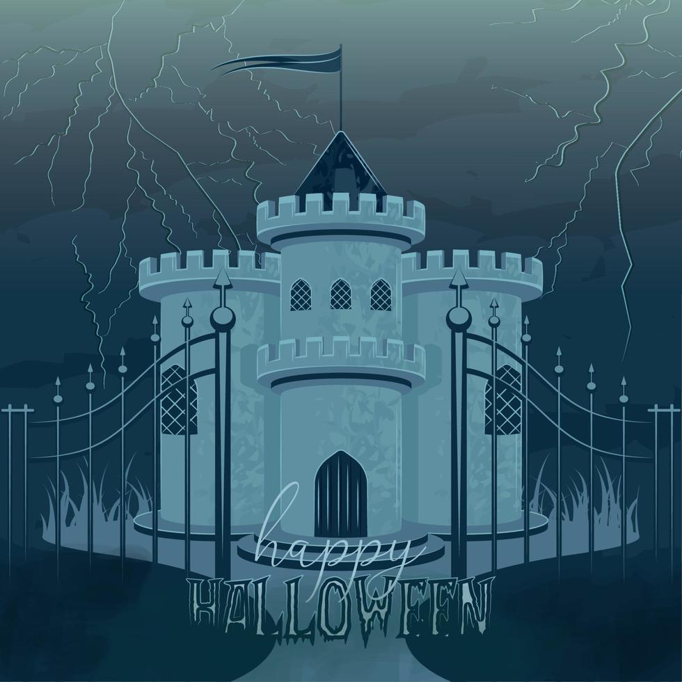 castillo embrujado con una bandera cartel de halloween vector