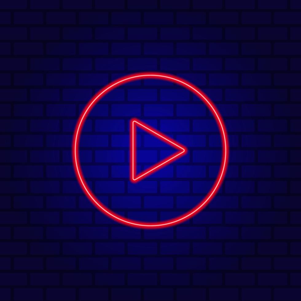 Neon play Icon, flat design style on the wall background. vector