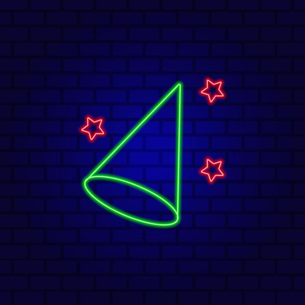 Party hat neon icon isolated on brick wall background vector