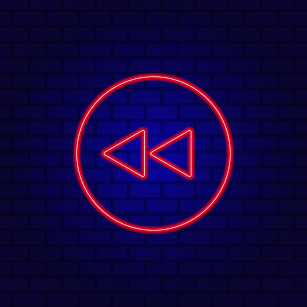 Neon symbol rewind button, flat design style on the wall background. vector