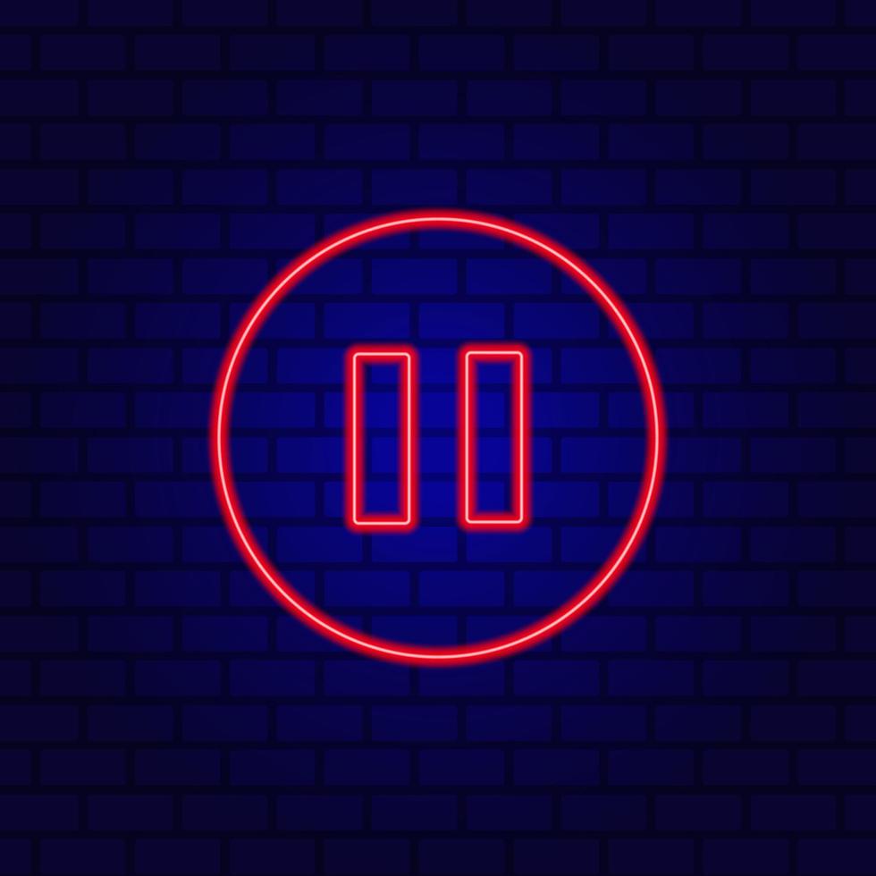 Pause neon button, flat design style on the wall background. vector
