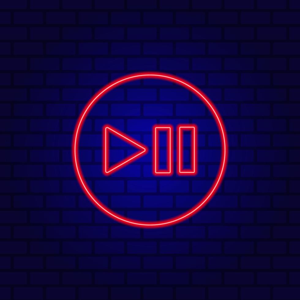 Neon play pause button, flat design style on the wall background. vector