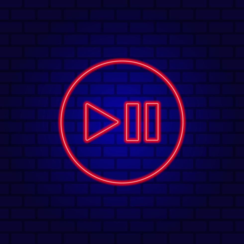 Neon play pause button, flat design style on the wall background. vector