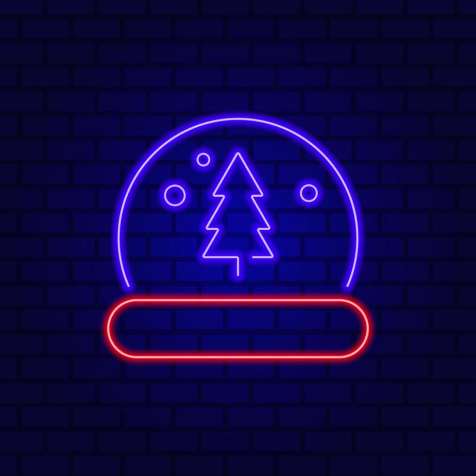 Neon Fir tree, toys, bow. Crystal ball and snowflakes. vector
