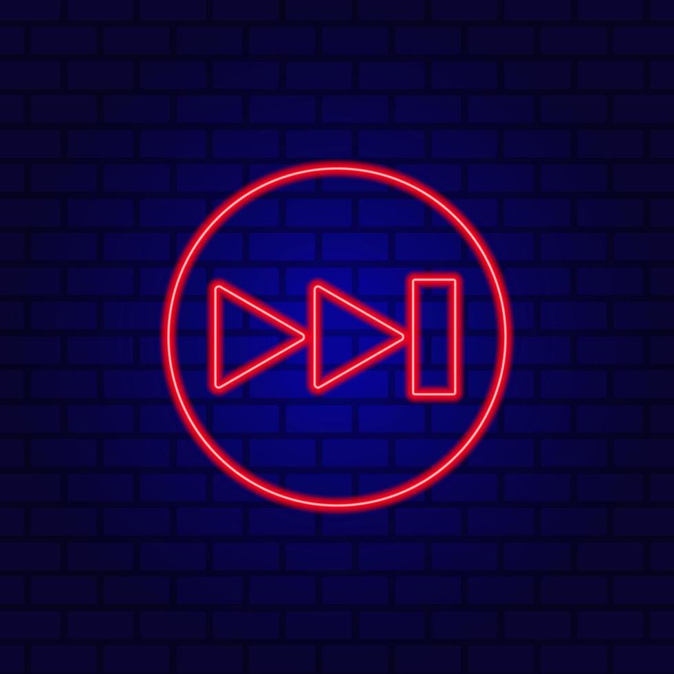 Neon rewind button, flat design style on the wall background. vector