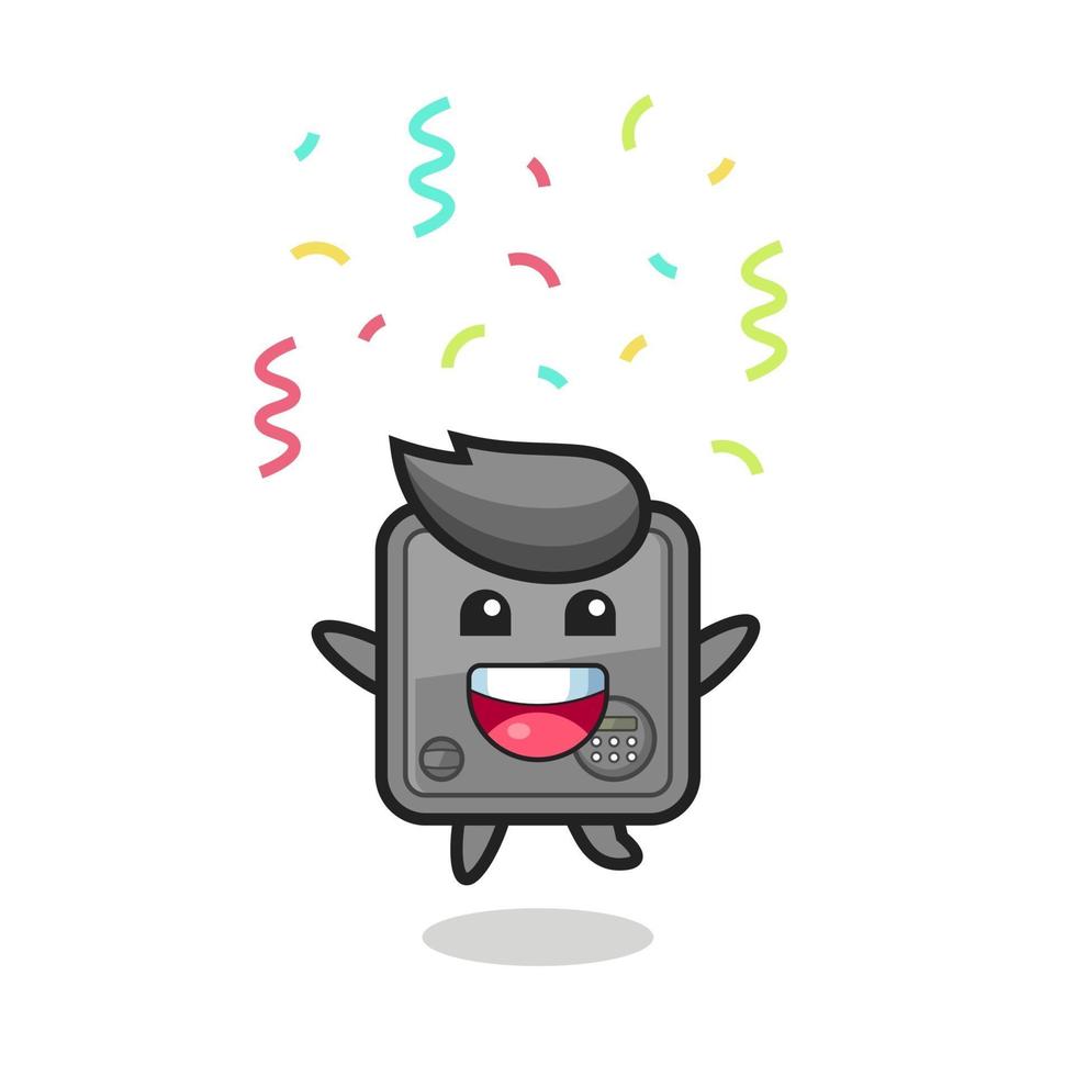 Feliz mascota de caja de seguridad saltando de felicitación con confeti de colores vector