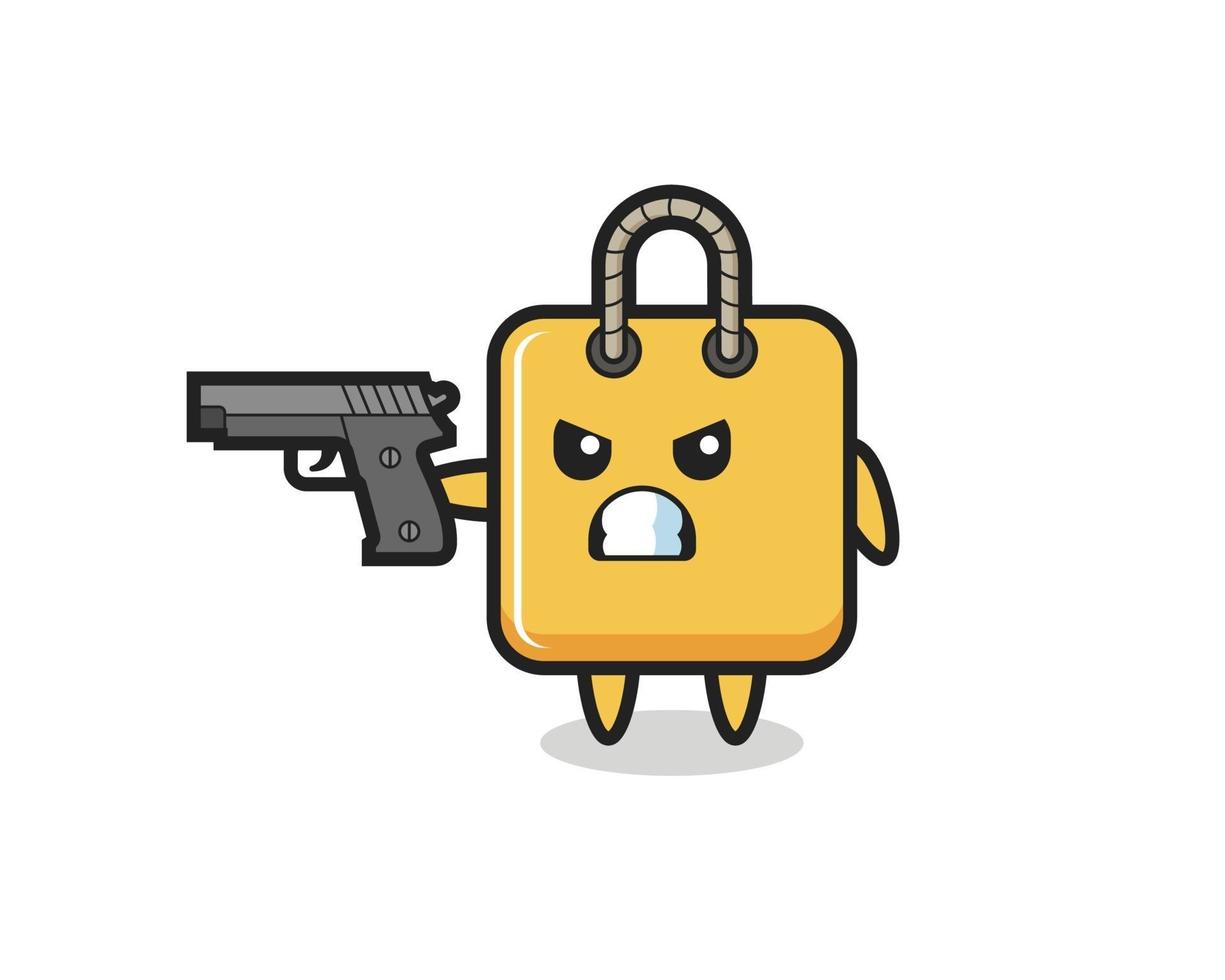 el lindo personaje de la bolsa de compras dispara con una pistola vector