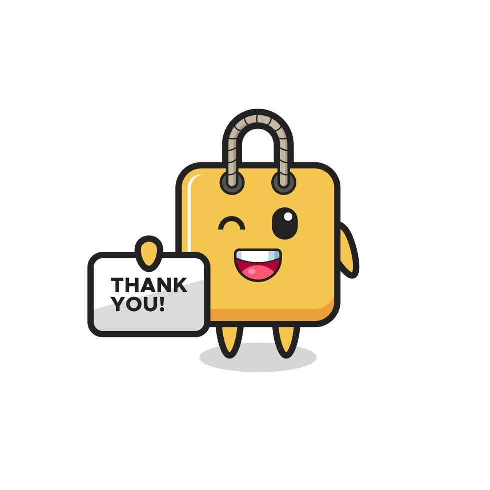 the mascot of the shopping bag holding a banner that says thank you vector