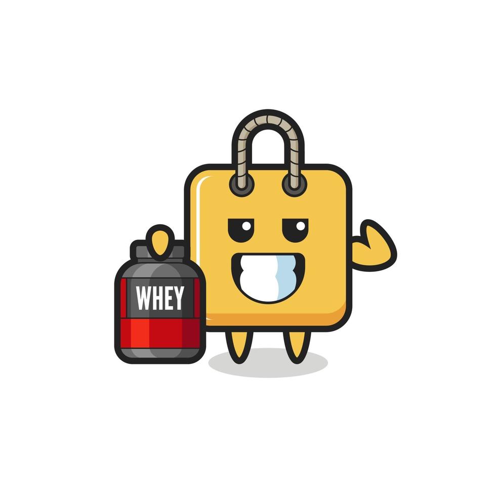 the muscular shopping bag character is holding a protein supplement vector