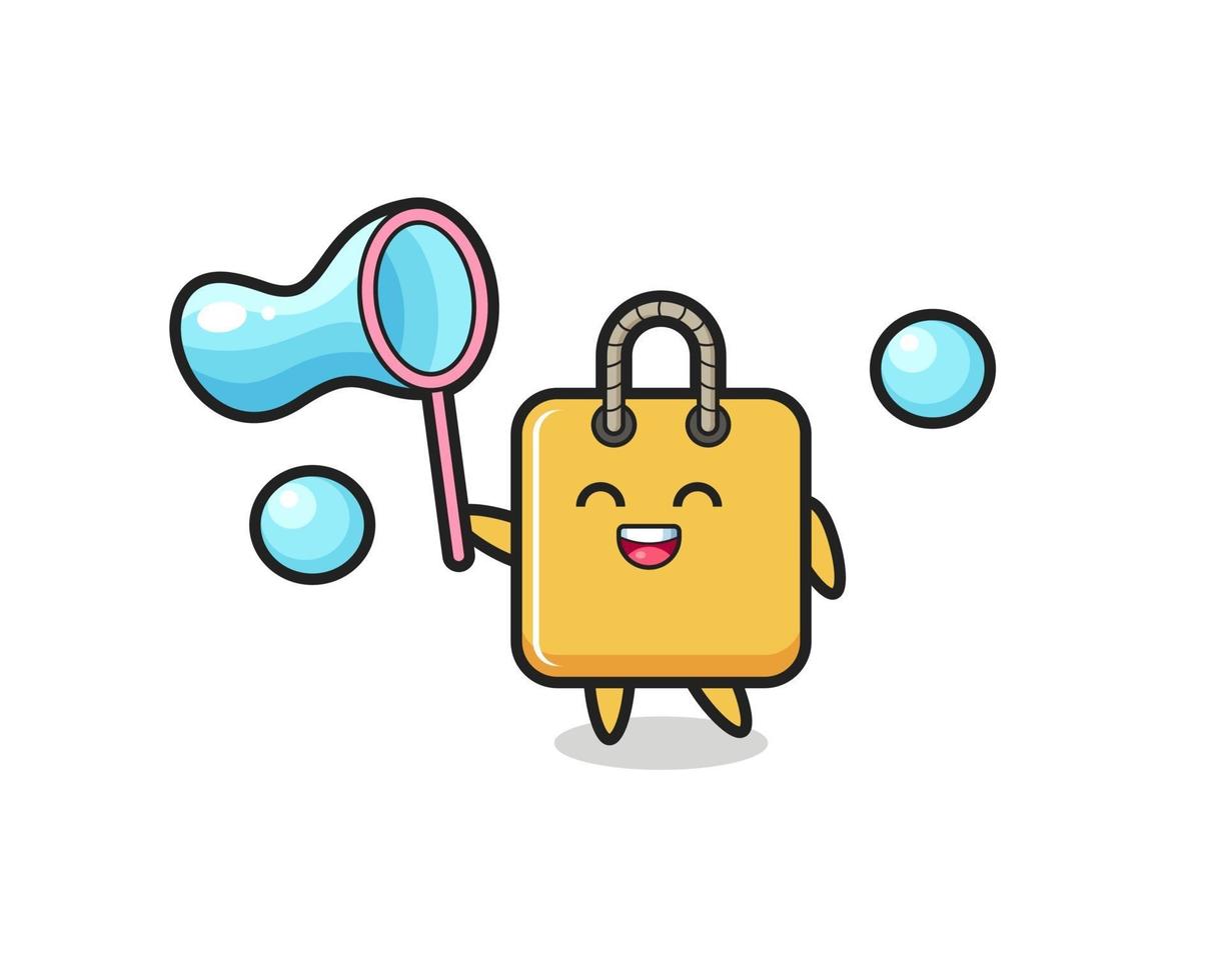 happy shopping bag cartoon playing soap bubble vector