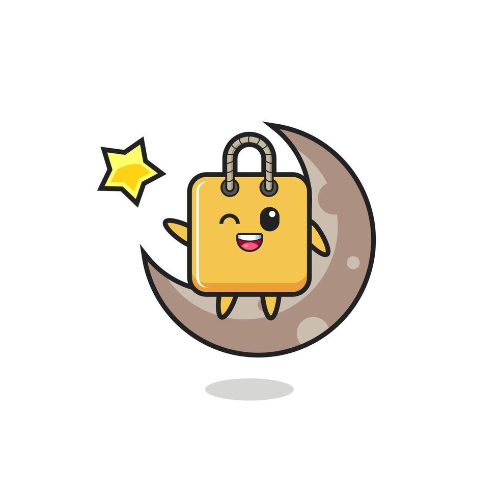 illustration of shopping bag cartoon sitting on the half moon vector