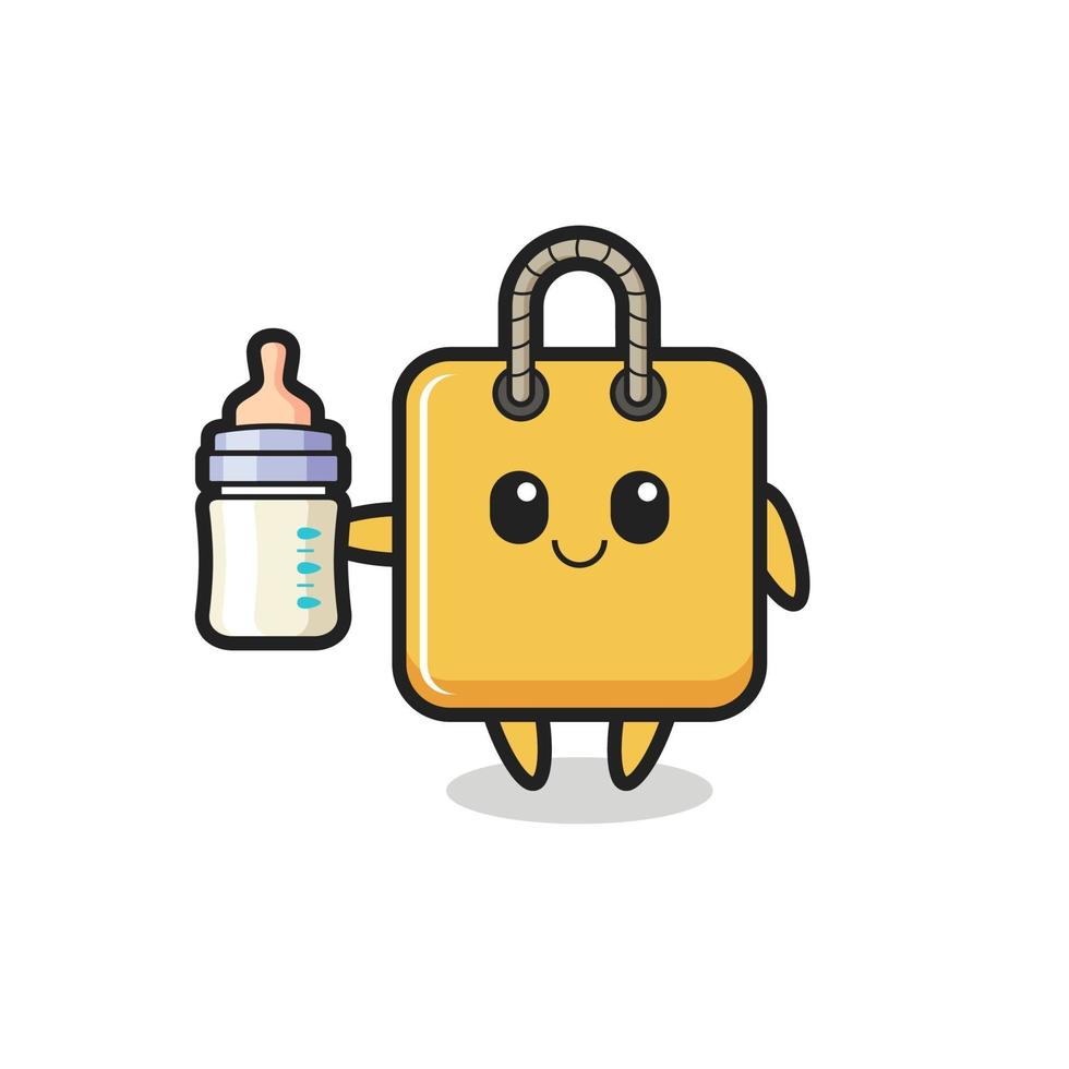 personaje de dibujos animados de bolsa de compras de bebé con botella de leche vector