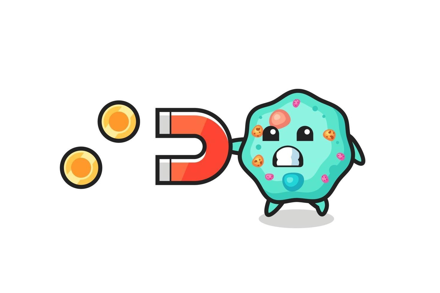 the character of amoeba hold a magnet to catch the gold coins vector