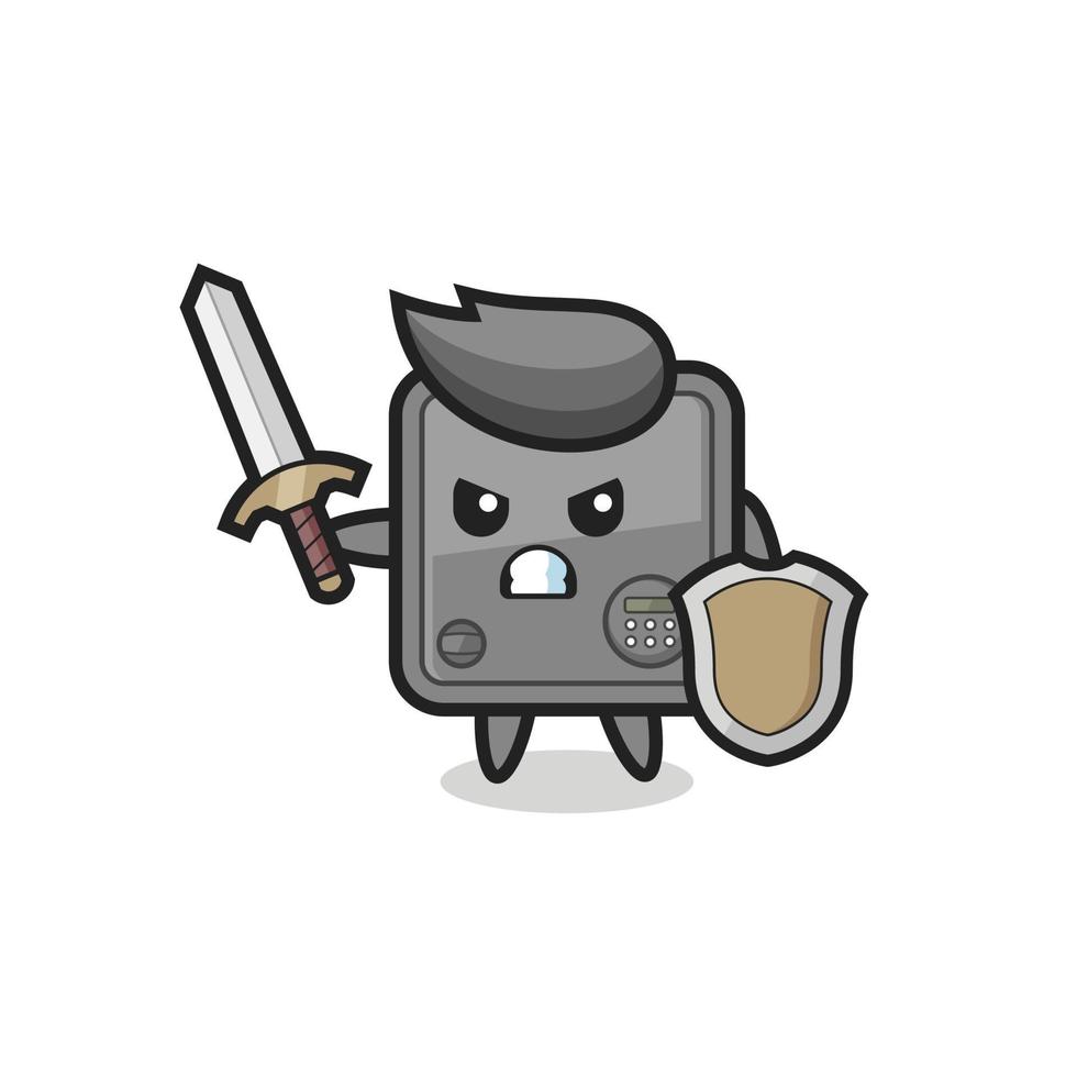 cute safe box soldier fighting with sword and shield vector