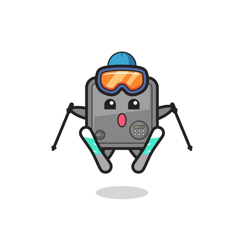 Personaje de mascota de caja fuerte como jugador de esquí. vector