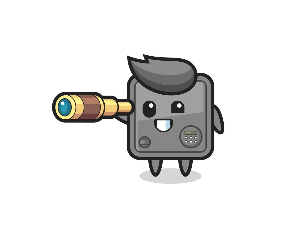 cute safe box character is holding an old telescope vector