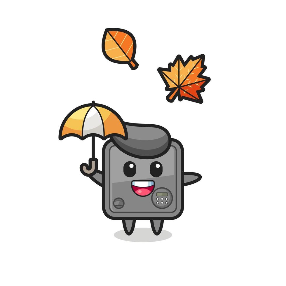 cartoon of the cute safe box holding an umbrella in autumn vector