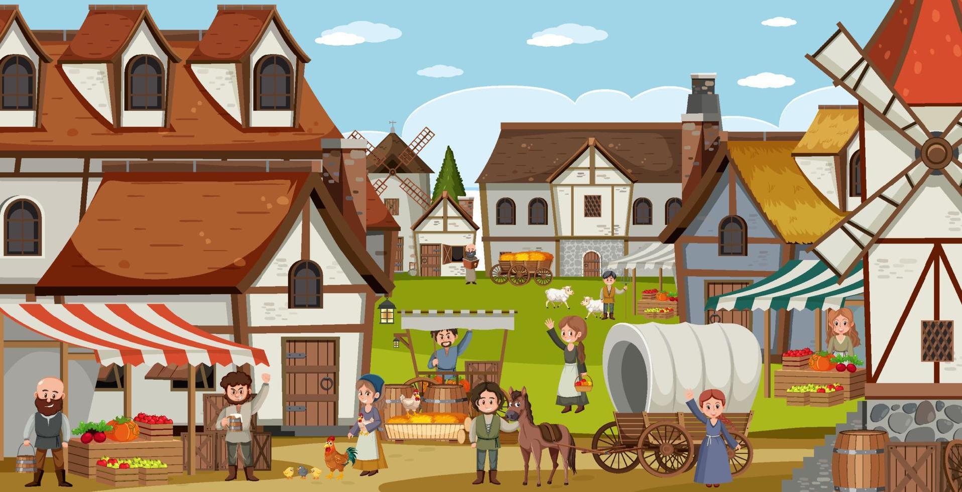 Medieval town scene with villagers vector