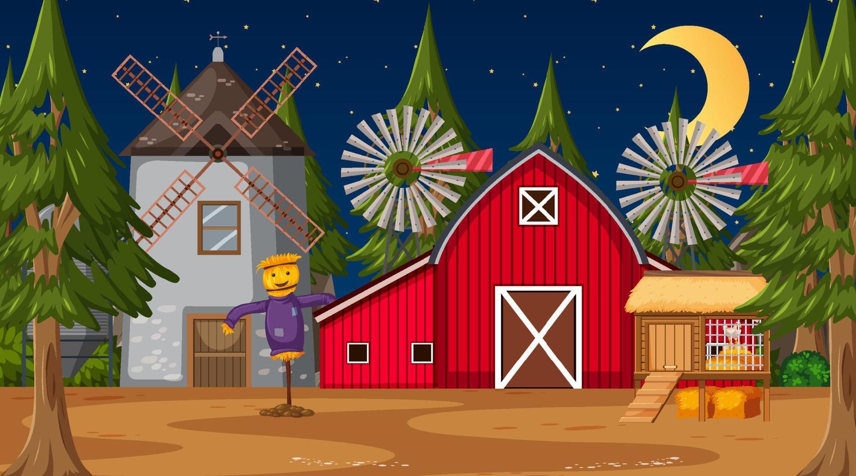 Empty farm at night scene with red barn and windmill vector