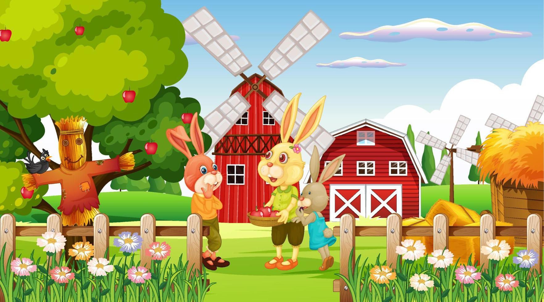 Farm at daytime scene with rabbit family vector