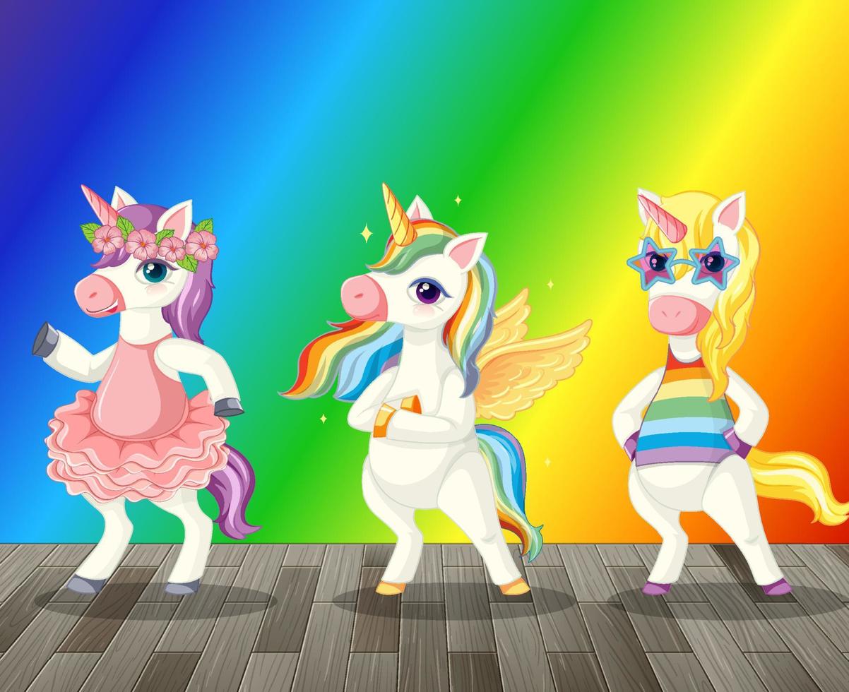 Cartoon unicorns on rainbow gradient background vector