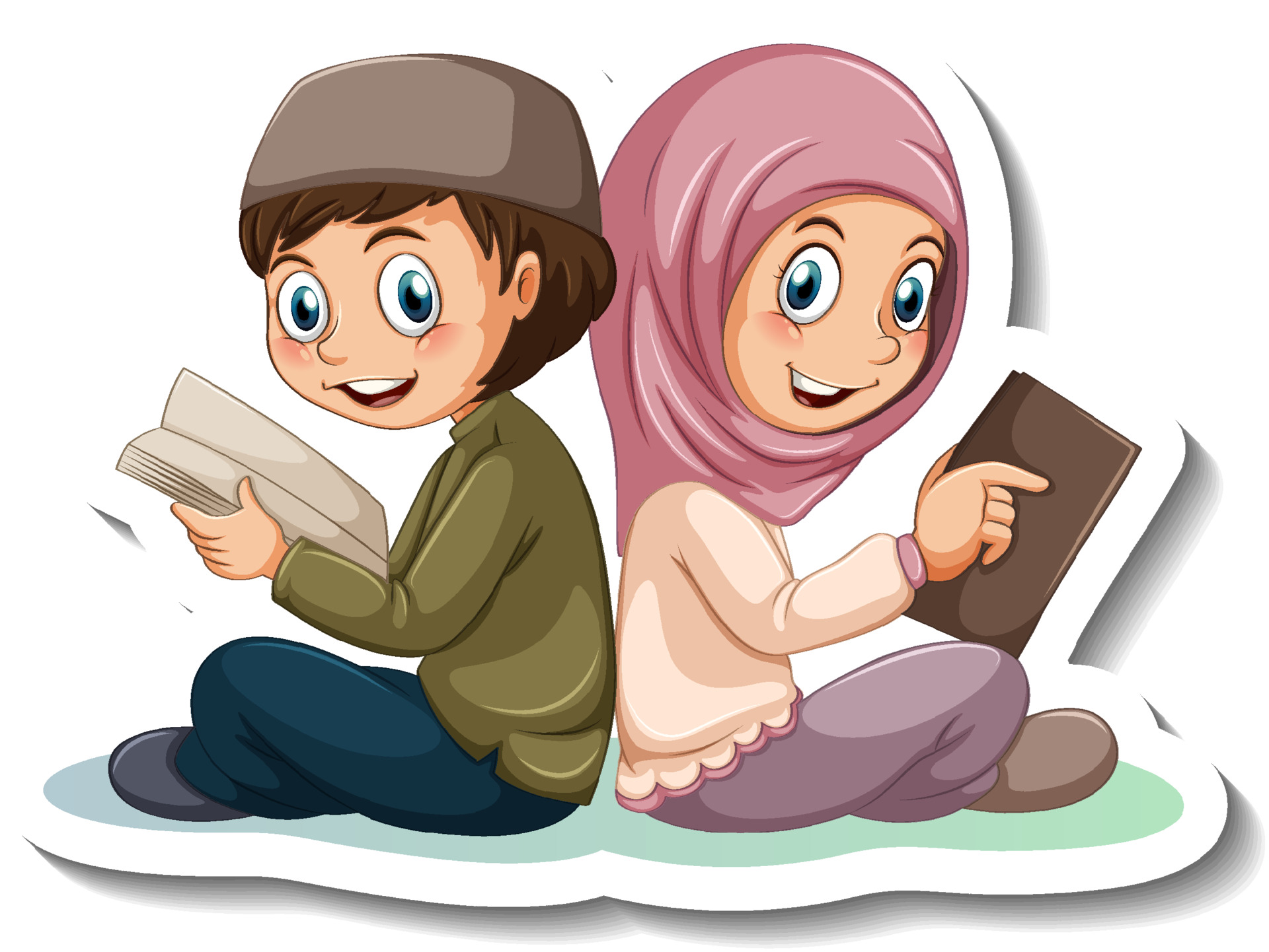 Download Sticker template with couple of muslim kids cartoon character isol...