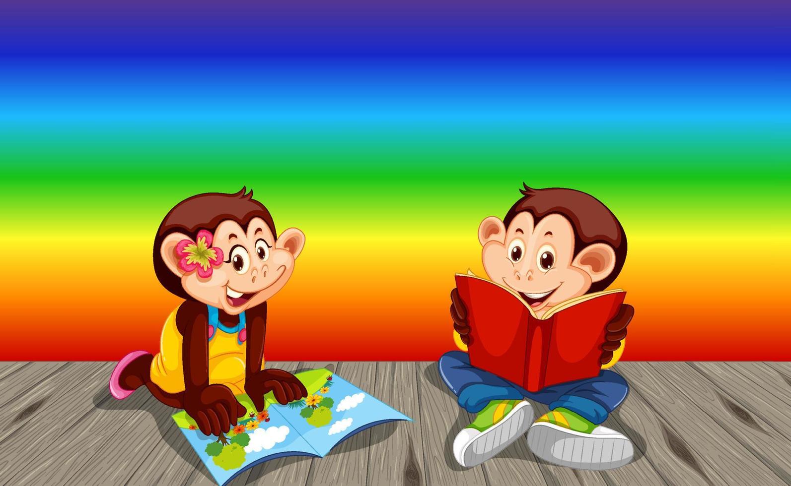 Two monkeys reading book on rainbow gradient background vector