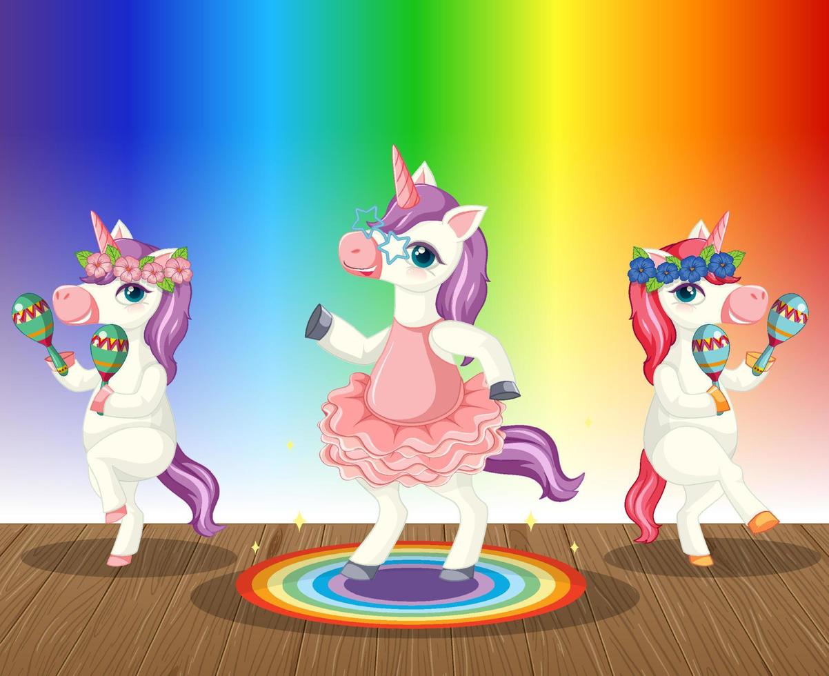 Unicorns playing maracas on rainbow gradient background vector