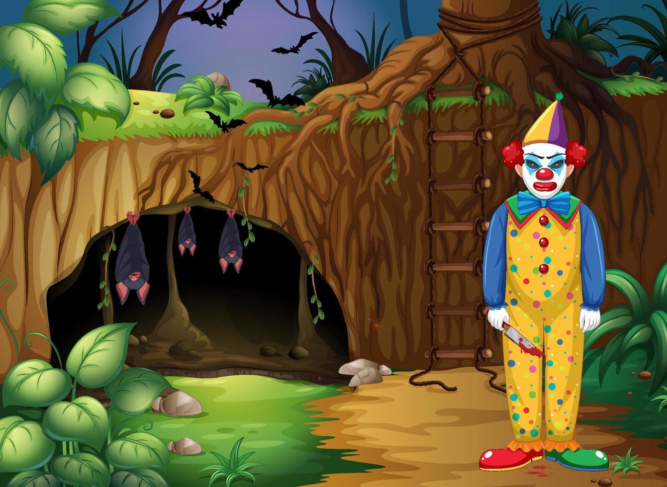 Dark forest scene with creepy clown cartoon character vector