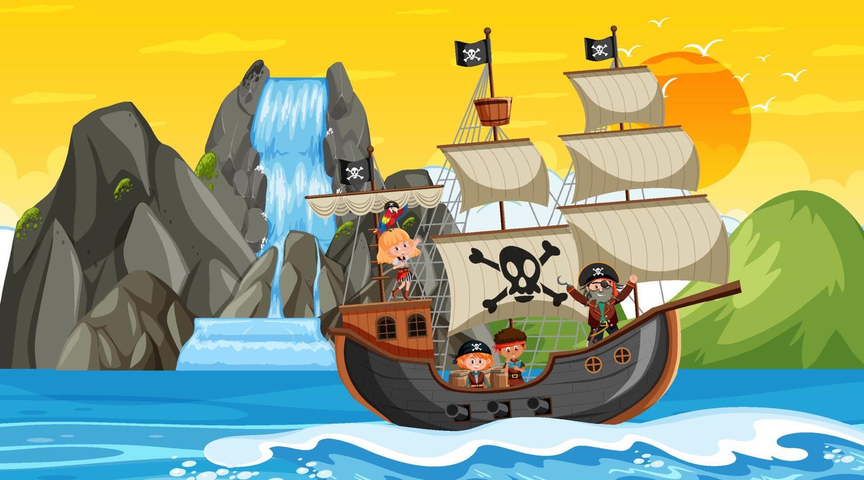 Ocean with Pirate ship at sunset scene in cartoon style vector