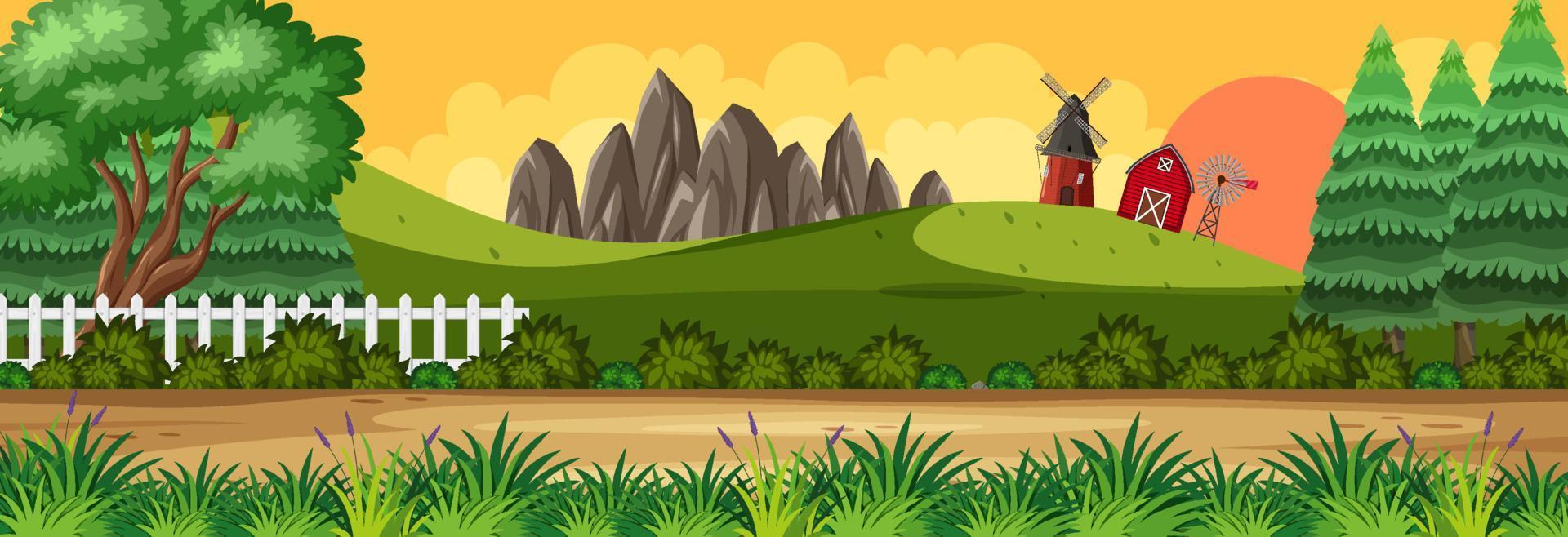 Panorama landscape scene at sunset time with barn and windmill vector