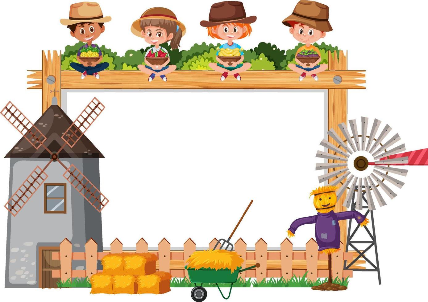 Empty wooden frame with children and farm objects vector