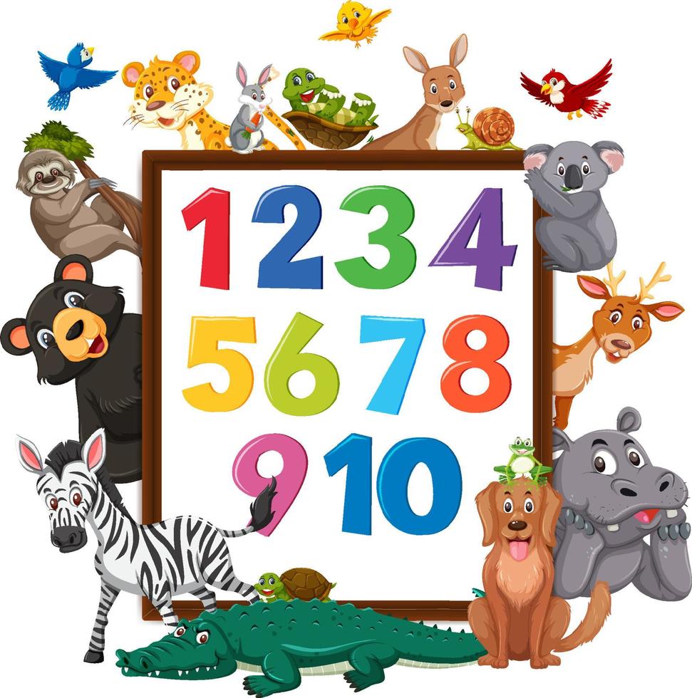 Number 0 to 9 on banner with wild animals vector