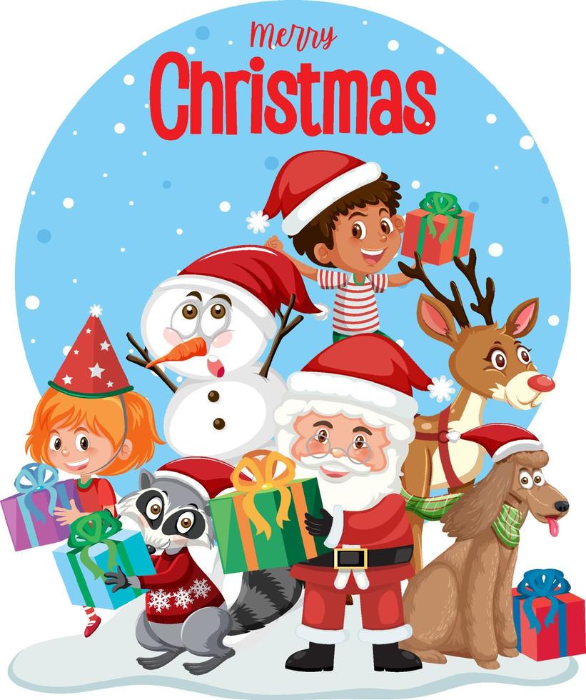 Merry Christmas text banner with Santa Claus and Friends vector