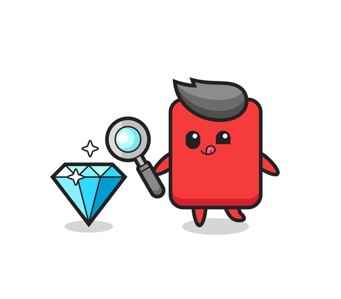 red card mascot is checking the authenticity of a diamond vector